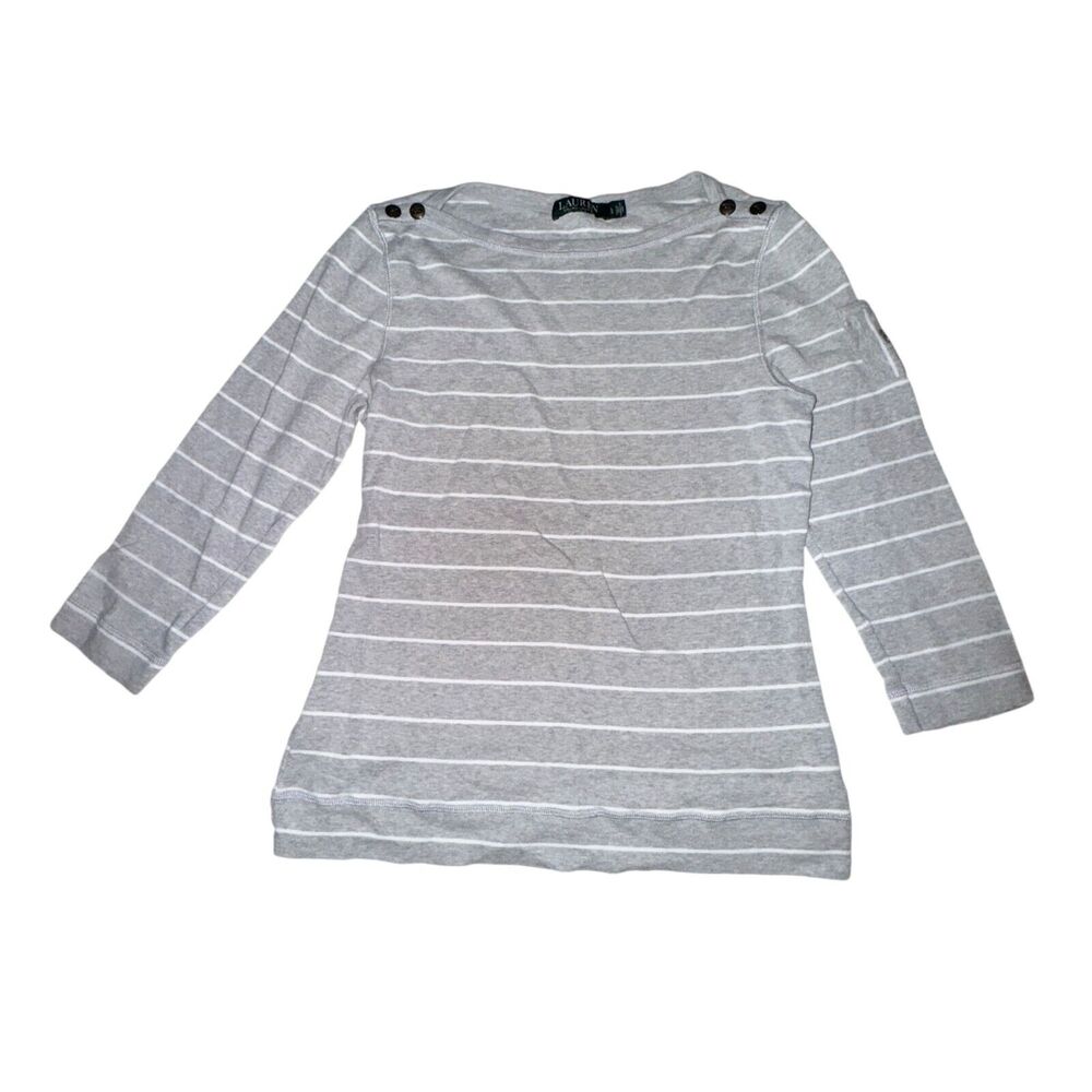 Lauren Ralph Lauren Top Women's Size L Gray White Striped Pocket Sleeve Button